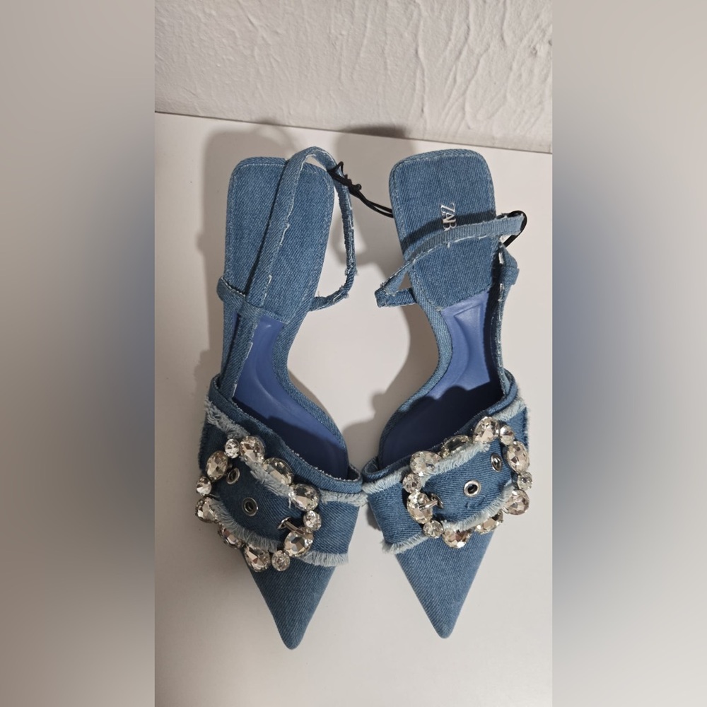 Zara Blue Strappy Sandals with Crystal Details